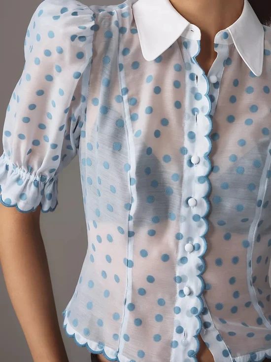 MAEVE by Anthropologie Blue Puff Shoulder Collared Polka Dot Sheer Blouse - Picture 3 of 10